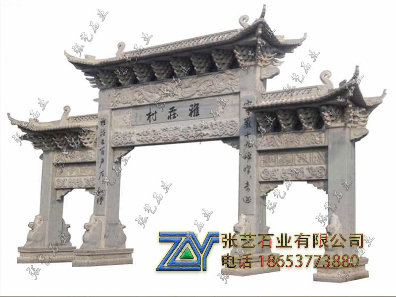 青石三門五樓石牌坊-芝麻白石牌樓價格